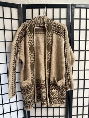 Cozy Geometric Open-Front Cardigan — Beige & Brown